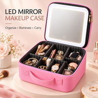 Étui à maquillage portable rectangulaire en cuir PU avec logo personnalisé, miroir LED, organiseur de cosmétiques, boîte de rangement pour bijoux, sac de voyage pour femmes