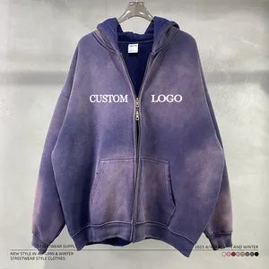 Custom Logo Spray Paint Streetwear Men Oversized Hoodies Winter Thick Vintage Two Way Double Zipper Ripped Distressed Hoodie