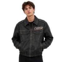 Blouson Aviateur Homme en PU Délavé à l'Acide ODM avec Broderie de Bordure et Badge – Manteau Décontracté Oversize pour Moto, Printemps/Automne, Style Urbain