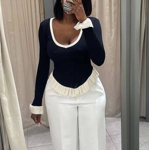 Fall Women's <b>Patchwork</b> Knit <b>Top</b> With Ruffled Hem and Sleeves Fashion - Product Image 1