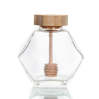 Vente en gros de bouteilles de miel vides de 250g 500g 1000g, pots de miel en verre clair en nid d'abeille avec couvercle en bois, cuillère et louche
