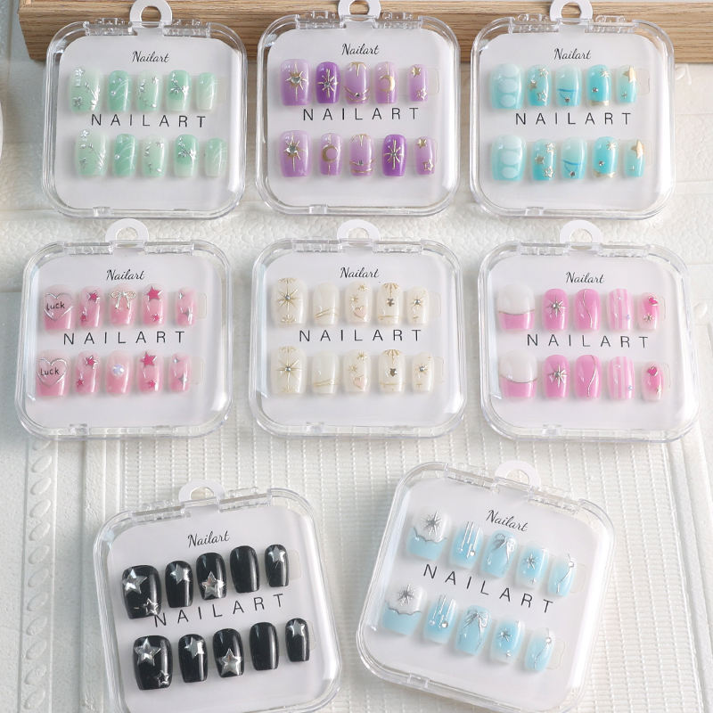 In Stock 10pcs Short Coffin Full Cover ABS Nail Art Tips S/M/L Gilding Gold/Silver Stars Press on Nails for Fingers