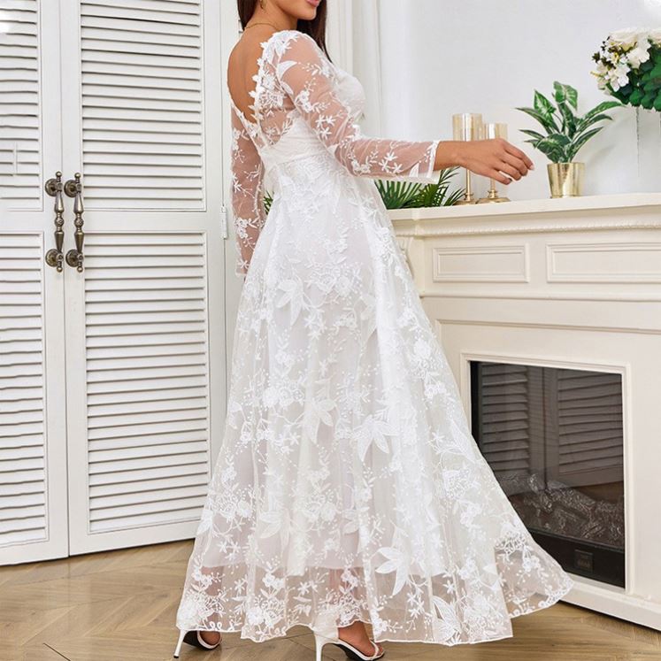knee length dresses for ladies A-line Deep V Neck Long Sleeve Ivory Wedding Dresses Satin Bridal Gowns  MHL160 main image 0