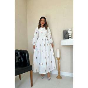 Vestido Bordado con Tulipanes Naranjas, Cintura Elástica, Cuello Redondo, Corte en A, Tejido, Informal, para Uso Diario - Product Image 5