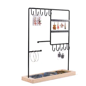 Display Stand 2-tier 20 Holes 10 Hooks Metal With Wood Base Earring Necklace Bracelet Rings Holder Jewelry Displays For Shows