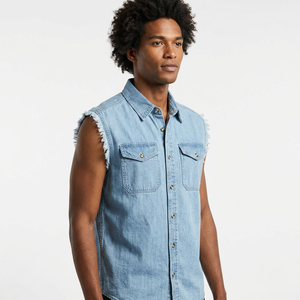 Chemise sans manches décontractée en jean bleu léger pour homme Bacca Sports 2025, anti-plis, séchage rapide, col boutonné, coupe effilochée, 100 % coton - Product Image 1
