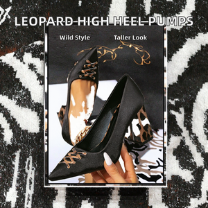 รองเท้าส้นสูงลายเสือดาวสีดำเรียบง่าย ดีไซน์แบบสวม ปลายแหลม เพิ่มความสูง เซ็กซี่ เหมาะสำหรับงานปาร์ตี้ ฤดูร้อน พื้นยาง - Product Image 2