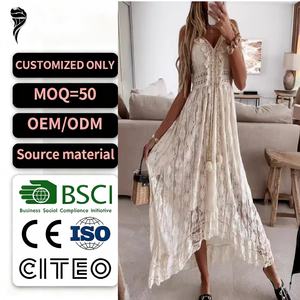 เดรสยาวแบบใหม่สไตล์ OEM สายเดี่ยวผ้าลูกไม้ กระโปรงบานสีพื้น เหมาะสำหรับใส่ไปทะเลและป้องกันแสงแดด - Product Image 1