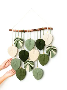 Regalos corporativos: Tapiz de macramé con hoja de Monstera estilo boho, tapiz grande de hoja de selva, arte verde natural para decoración de sala de estar, dormitorio y estudio. - Product Image 4