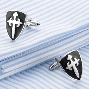 Gemelli da Uomo in Stile Francese, in Lega di Rame, Moda Gentiluomo, Smaltati Neri, Lussuosi a Forma di Scudo - Product Image 6