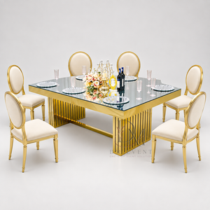 Mesa de Banquete Rectangular de Lujo con Espejo de Acero Inoxidable Dorado y Base de Doble Pedestal con Listones para Eventos, Venta al Por Mayor - Product Image 4