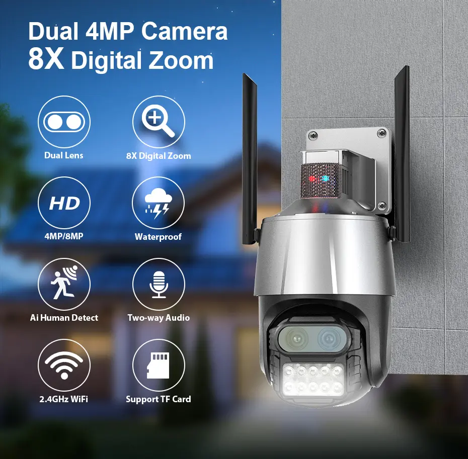 Kerui 8MP Waterproof Dual Lens Outdoor Pan-Tilt Night Vision CCTV Solar PTZ Wifi Camera