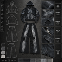 Ensemble sweat à capuche zippé et pantalon de survêtement noir délavé personnalisé pour homme, style streetwear, OEM ODM, logo, vente en gros, fournisseur et fabricant de vêtements sous marque privée
