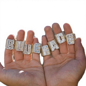 Moissanite Hip Hop <b>Initial</b> Unisex Women's Diamond <b>Ring</b> Brilliant Cut Prong Setting Iced Letter Cuban Eternity Band Trendy 925 - Product Image 3