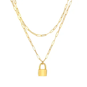 Fashion Accessories Jewelry 18K Gold Plated Lock Stainless Steel Chains Double Layer Necklace For Women