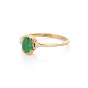 Esmeralda ovalada Natural hecha a mano con anillo de diamante de corte redondo K14 anillo de piedras preciosas de oro amarillo sólido joyería fina regalo de boda invitado - Product Image 2
