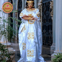 Robe Boubou Dashiki Bazin Africaine pour Femmes, Or et Blanc, Motif Bassin du Sénégal, Robe Personnalisée pour Mariage ou Fête des Femmes Nigérianes