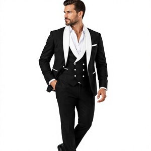 Costume de smoking noir 3 pièces pour homme, blazer à revers châle blanc, gilet croisé, pantalon, costume de mariage, de cérémonie ou de soirée - Product Image 1