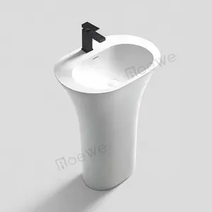 Gris salle de bain lavabo autoportant à surface solide lavabo sur colonne, fonte ovale <span class=keywords><strong>pierre</strong></span> composite lavabo à fixation au sol - Product Image 1