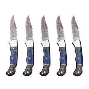 Damascus Steel Folding Knife With Blue Handle And Leather Sheath Straight Edge <b>Drop</b> Point Blade Thumb Knob Design - Product Image 2