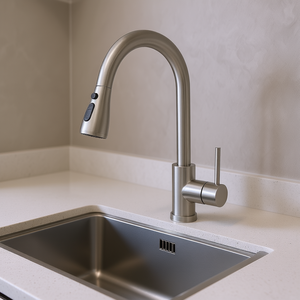 ก๊อกน้ำห้องครัวแบบดึงออกได้ ดีไซน์โค้งสูง รุ่น DB Single Handle สีนิกเกิลขัดเงา สแตนเลส ติดตั้งบนเคาน์เตอร์ 1 รู ดีไซน์ทันสมัย - Product Image 2