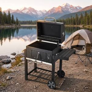 Griglia BBQ a Carbone Mobile con Tavolo Laterale e Ganci Portautensili, Carrello Barbecue da Esterno di Grande Capacità per Giardino - Product Image 5