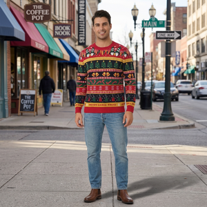 Maglione da Uomo Natalizio in Stile Tedesco, Pullover Jacquard Fair Isle con Motivi di Pinguini, Campane e Alberi, Maglione Natalizio Divertente - Product Image 2