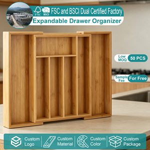 FSC Eco-Friendly Bamboo 7 Slot Expandable <strong>Drawer</strong> Organizer Dividers Adjustable Cutlery <strong>Tray</strong> for Jewelry Kitchen Utensils - Product Image 1