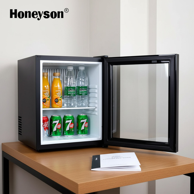 Honeyson 40-Liter Mini Bar Fridge Glass Door Electric Portable Hotel Installation Adsorption Cooling Compact Refrigerator
