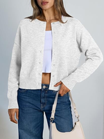 Chemisier/Blouse en maille gris clair pour femme, coupe courte, boutonné, manches longues, anti-boulochage, style vintage, fin, décontracté, idéal pour l'été et le bureau, parfait pour la superposition
