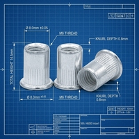 Écrou à riveter en aluminium, finition argentée unie, tête plate, motif vertical, antidérapant, durable, corps moleté ouvert M3-M8, écrou à riveter rond