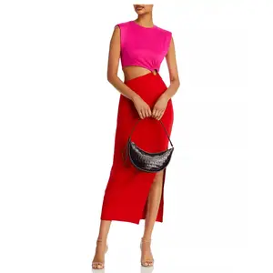 women's color matching vestido Sleeveless Crew Neck Hollow-out Bodycon Elegant Casual Midi Dresses