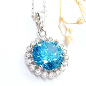 925 Silver Jewelry Cz Diamond And Blue Topaz Sterling Silver White Gold Elegant Halo Solitaire Pendant Necklace