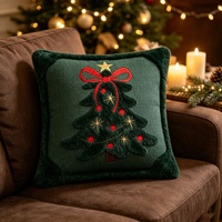 Housse de coussin personnalisée pour Noël, broderie nœud, beige et vert, avec pompons, pour décoration, vente en gros
