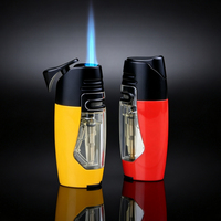 Briquet torche à jet de butane portable multicolore en alliage de zinc rechargeable avec grand réservoir de carburant visible