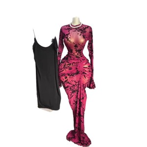 Ensemble robe longue en maille transparente 2 pièces pour femme, robe moulante à manches longues à imprimé floral avec fronces, tendance - Product Image 4