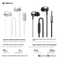 Écouteurs filaires intra-auriculaires Remax avec contrôle Type-C, prise jack 3,5 mm, câble de 120 cm, transducteur dynamique et microphone