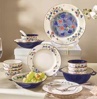Service de vaisselle en porcelaine Peony, bleu roi, assiettes et bols à motifs floraux, vaisselle sous glaçure pour la maison, les repas et les cadeaux