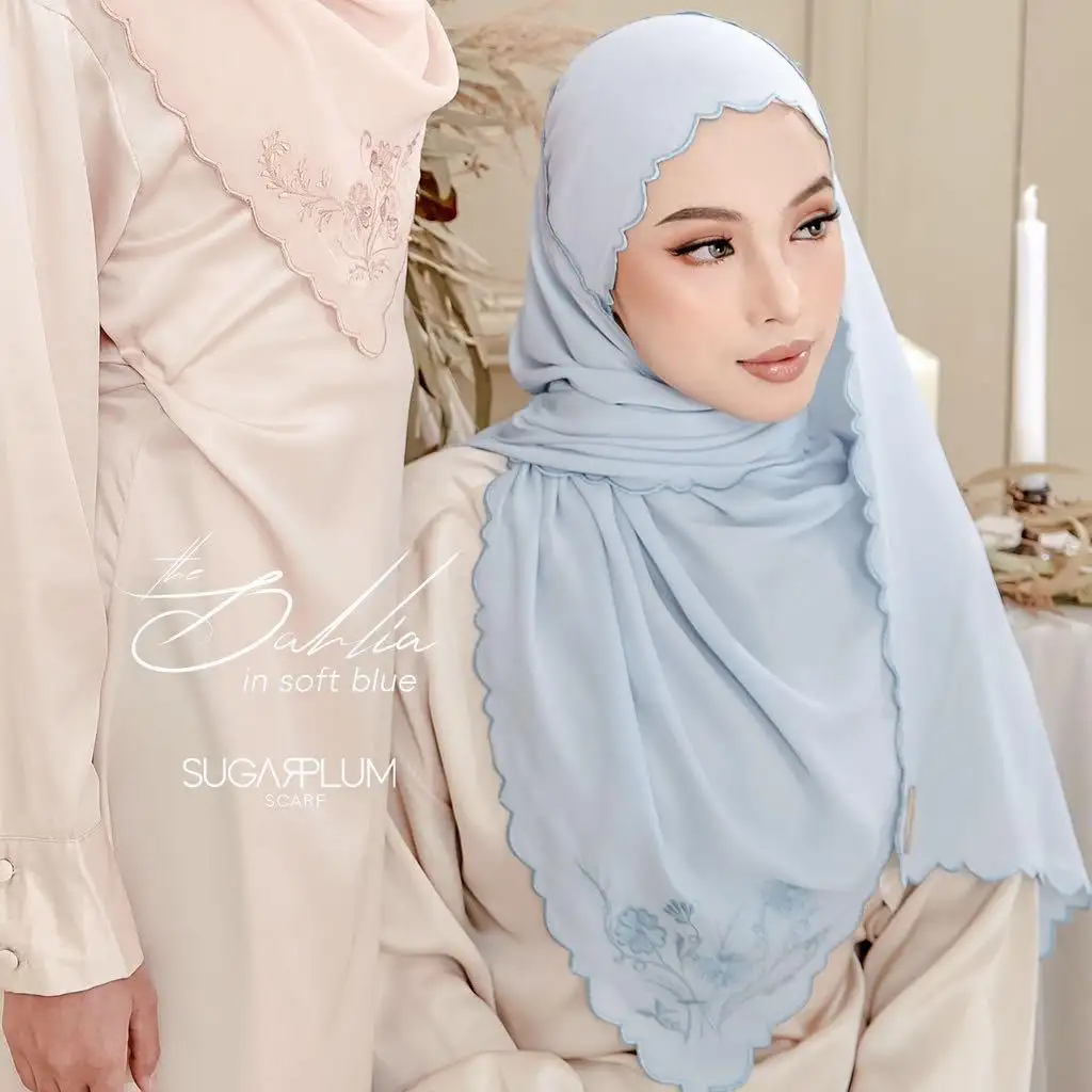 핫 세일 사용자 정의 말레이시아 수 놓은 목도리 쉬폰 가장자리 Hijab Tudung 이슬람 Sulam Shawls 스카프