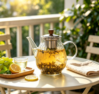 Théière classique à rayures verticales en verre borosilicate, infuseur en acier inoxydable, bouton en bois, résistante à la chaleur