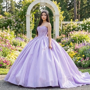 Robe de bal longue en satin lilas, épaules dénudées, taille naturelle, avec appliques en dentelle et cristaux, pour Quinceañera et anniversaire, 1237 - Product Image 1