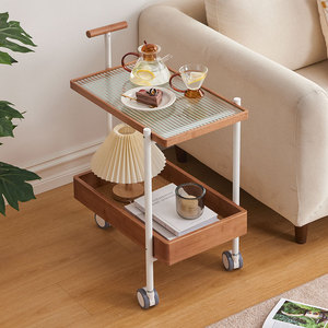 Zhui Zhu <b>Side</b> <b>Table</b> Trolley Glass Top Solid Wood Movable Coffee <b>Table</b> <b>Storage</b> Rack For Living Room Balcony - Product Image 1
