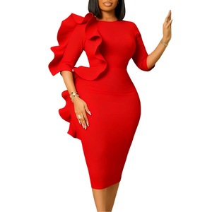 Women's Round Neck Elegant <b>Three</b>-Quarter Sleeve Ruffled African Dresses Fashion - Product Image 1