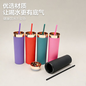 Shang Kou Ai 16Oz Double Walled Plastic <b>Straw</b> <b>Cup</b> Electroplated <b>Lid</b> Portable Travel Water Bottle Bpa Free Summer Use - Product Image 4