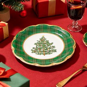 Assiettes en papier à carreaux verts avec bordure dorée, 10,5 pouces, 300g, 24 pièces, pour vaisselle de table festive - Product Image 3