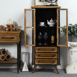 INNOVAHOME <strong>Living</strong> <strong>Room</strong> Solid Wood <strong>Tall</strong> Storage <strong>Cabinet</strong> Black Vintage Rustic Industrial Kitchen <strong>Cabinet</strong> with Glass Doors - Product Image 3