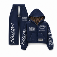 Ensemble survêtement streetwear personnalisé 100 % coton, coupe oversize, délavé à l'acide, avec fermeture éclair et strass, pantalon de survêtement et sweat à capuche effet vieilli vintage pour homme