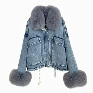 Women denim jacket winter style fox fur trim overcoat rex rabbit fur lined lady coat