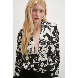 Elegante Camisa de Satén con Estampado Floral para Mujer, Blusa Negra con Botones para Uso Diario - Product Image 1