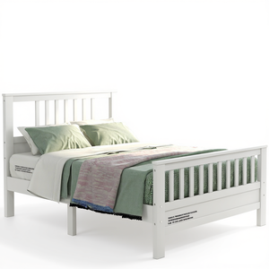 Lit plateforme moderne en bois blanc avec tête et pied de lit en bois massif, design scandinave, taille double - Product Image 1